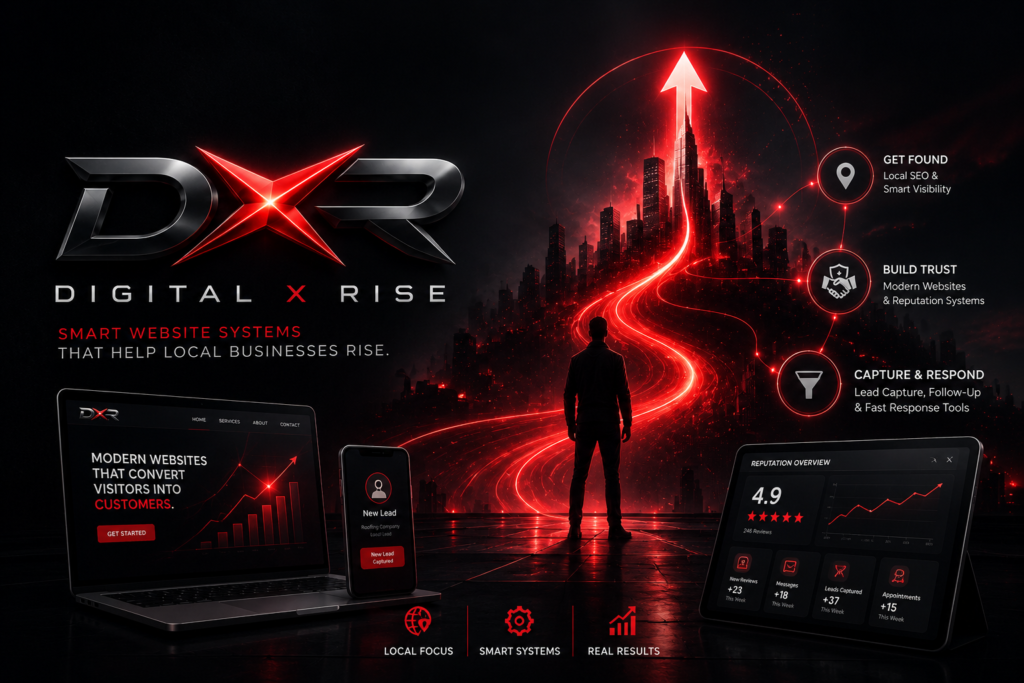 About Digital X Rise — Smart Website Systems for Local Businesses Digital X Rise about page image showing a premium dark website growth system for local businesses with red signal flow and digital transformation elements.