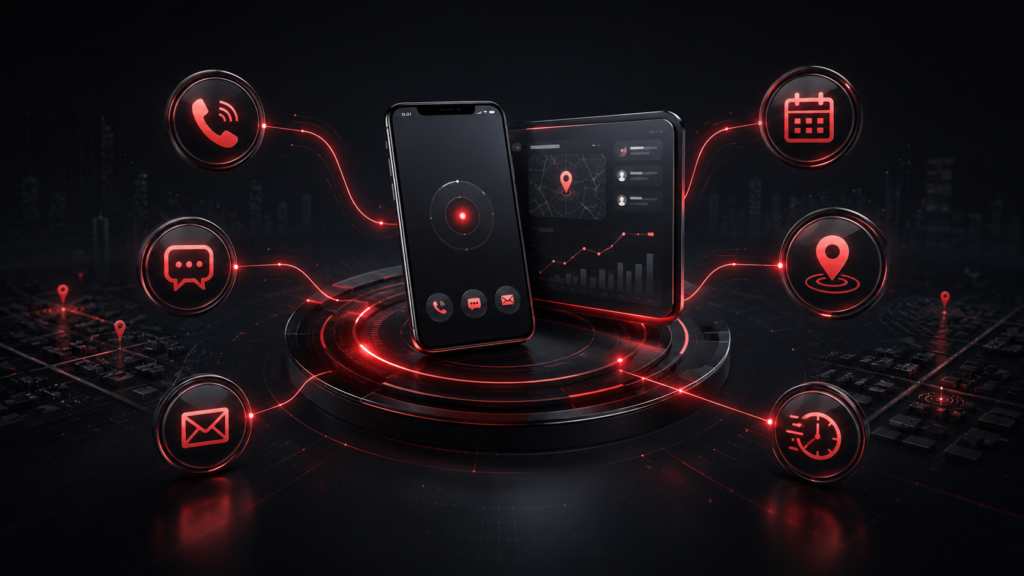 Digital X Rise contact page hero image showing a phone, messages, email, booking, location, and fast response icons connected through a red digital communication system.