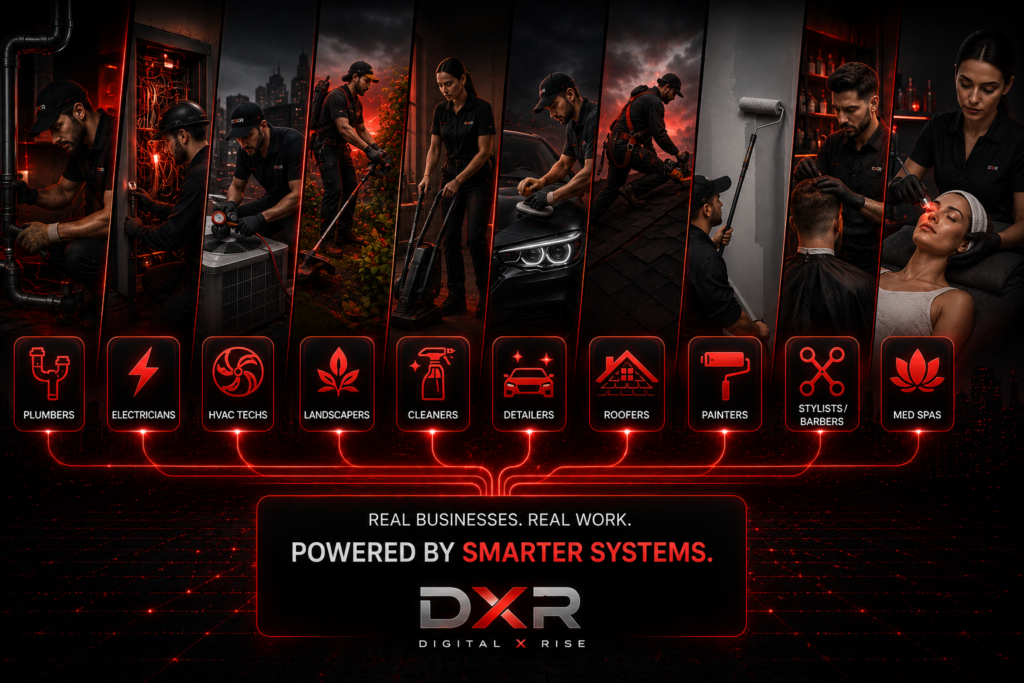 Smart Systems for Local Service Businesses Digital X Rise visual showing local service businesses connected by smarter website systems for plumbers, electricians, HVAC techs, landscapers, cleaners, detailers, roofers, painters, stylists, and med spas.